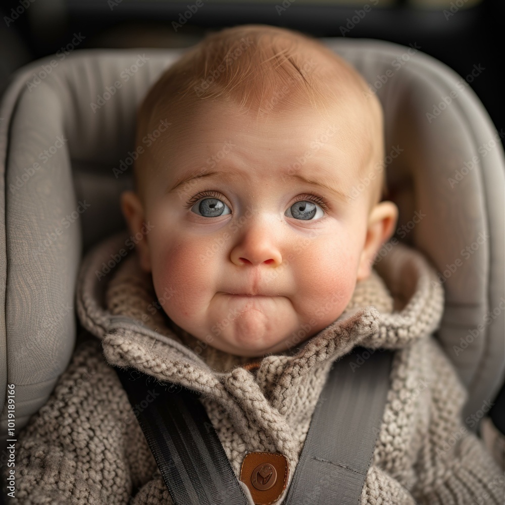 Sticker A baby in a car seat looks directly at the camera. AI.