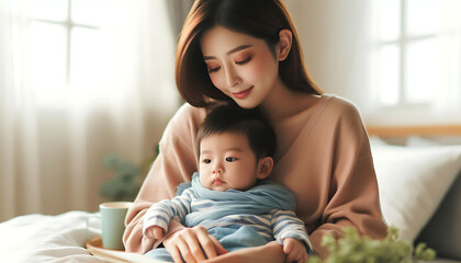 A mother and her child happily reading a book together at home