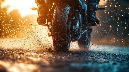 Motorbike driving through rain-soaked road with water splashing