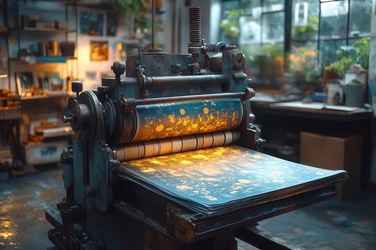 polygraphy and printing presses depicted in action illustrating the intricacies and technology of the printing industry with a vibrant and dynamic composition