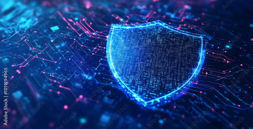 Poster safety protection and information privacy concept with a digital padlock in shield on abstract dark 