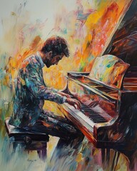 A man playing a grand piano in an abstract painting.