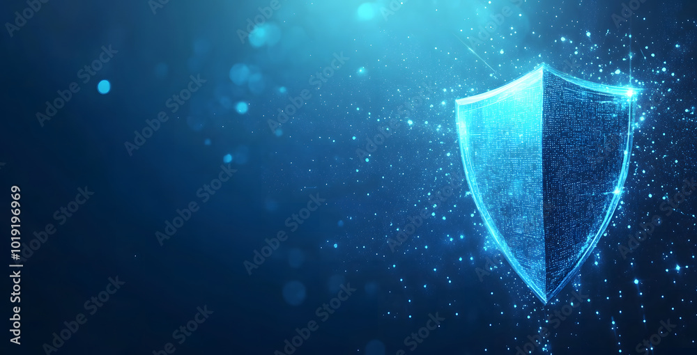 Poster safety protection and information privacy concept with a digital padlock in shield on abstract dark 