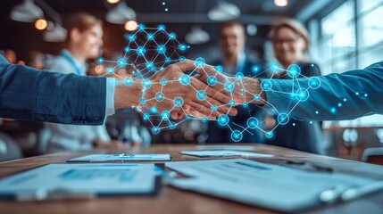 Business professionals shaking hands in a modern office setting with digital network overlay, symbolizing successful partnership and innovation.