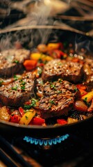 Beef steak and colorful vegetables searing in a skillet on a stovetop during dinner preparation