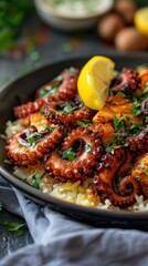 A delicious plate of grilled octopus served with flavorful rice and fresh lemon