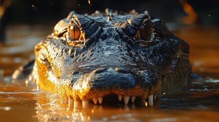 Obraz premium Close-up of a crocodile peering from muddy water, showcasing its powerful jaw and textured skin in a natural habitat.