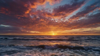 Obraz premium Vibrant seascape photograph capturing a dramatic sunset over the wavy ocean under a gradient sky with warm colors, transitioning from deep pinks and purples to bright oranges and yellows 