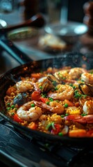 Sizzling seafood paella loaded with mixed vegetables and flavorful rice served in a traditional pan