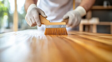 An individual carefully applies a layer of varnish to a smooth wooden surface, symbolizing attention to detail, quality craftsmanship, and appreciation for wood.