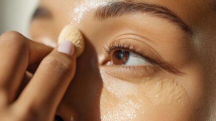 This close-up image reveals the use of a makeup sponge applying liquid concealer under the eyes, focusing on perfect blending techniques for a natural result.