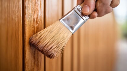 A hand carefully applies varnish to a vertical wooden fence using a paintbrush, showcasing the smooth application and color transformation of the wood surface.