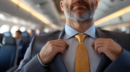 A man with a gray beard in a suit adjusts his yellow tie confidently while standing in the interior aisle of an airplane, emphasizing professionalism and travel.