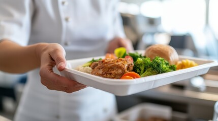 A chef holding a white tray with a gourmet meal, featuring roasted chicken, broccoli, and other vegetables, in a well-lit culinary environment.