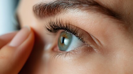 Obraz premium A close-up of an eye as mascara is being applied, highlighting each eyelash while showcasing the precision and detail involved in the cosmetic application process.