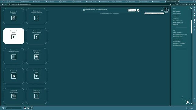 Generative model software producing AI video of industrial electrical equipment from text. Artificial intelligence app UI showing prompt creating machinery gear in factory clip