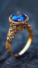 Fototapeta premium Elegant gold ring with a captivating blue stone and intricate band design