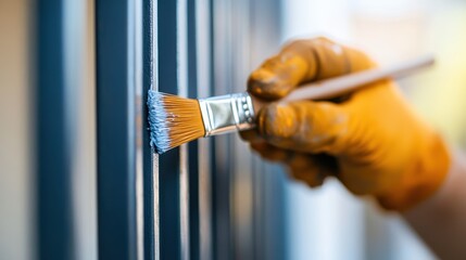 A close-up showing the detailed work of a gloved hand painting a metal fence, emphasizing the careful technique required for this precise and methodical task.