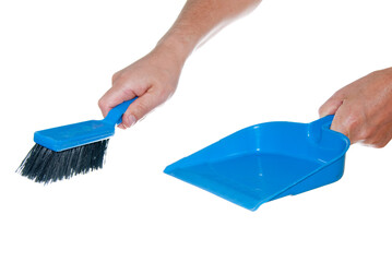 Hands with dustpan and brush isolated on white.