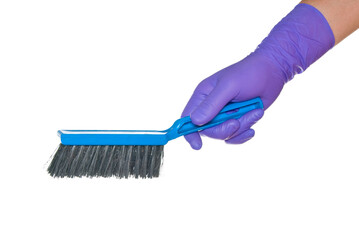 Hands in gloves with brush isolated on white.