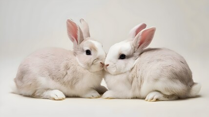 Obraz premium Baby rabbits with pink noses and ears snuggling on white background