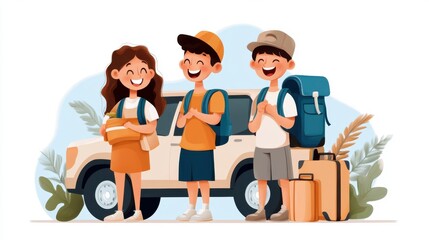 Illustrated scene of three cheerful young adventurers standing next to a car, with backpacks ready for their upcoming journey filled with excitement and discovery.