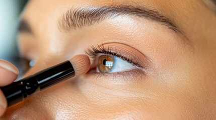 A close-up of a professional eye makeup application using a small brush to enhance detailed features, focusing on artistry and precision in cosmetic application.