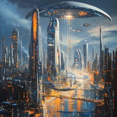 Fototapeta premium Futuristic city with flying saucer and water.