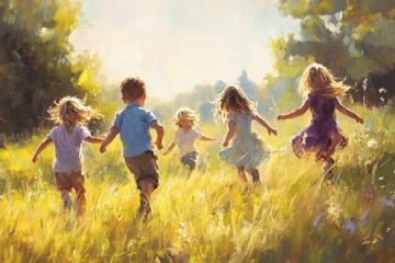 Five children run through a field.