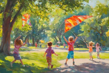 Children fly kites in a sunny park.