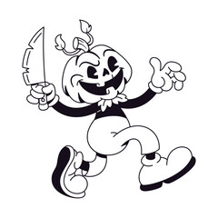 Vector Retro Cartoon Pumpkin Jack O Lantern Knife Character Illustration Isolated