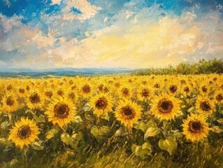 Obraz premium Sunflowers in a field, painted in oil.