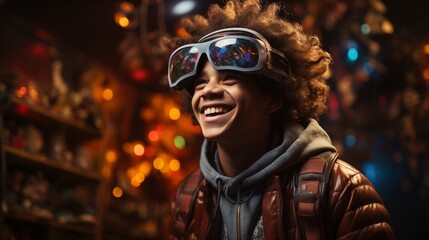 positive African American boy in VR goggles smiling while exploring cyberspace in decorated room at home