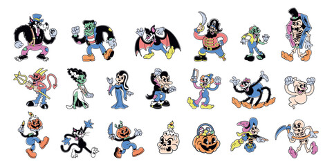 Vector Halloween Retro Cartoon Characters Style Groovy Set Illustration Isolated