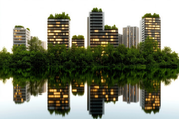 Fototapeta premium Modern eco-friendly buildings by water at dusk