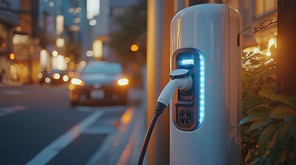 Fototapeta premium Electric car charging at a public station at night in a modern city