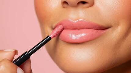 A close-up view of glossy rose lipstick being applied to lips with careful precision, emphasizing the smooth texture and vibrant color on a subtle pink backdrop.