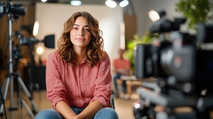 Fototapeta premium A woman with curly hair sits confidently in a studio filled with camera equipment, exuding a professional and poised aura, ready for a photography session.