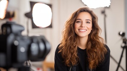A cheerful woman with long hair sits in a brightly lit studio, smiling warmly at the camera, creating an inviting atmosphere ideal for a friendly interview.