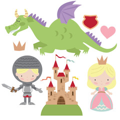 Medieval fairy tale princess, knight and green dragon vector cartoon illustration