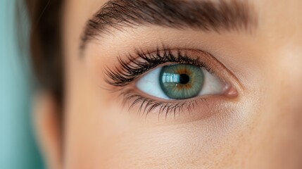 Obraz premium A captivating green eye displays intricate detail and vibrant colors, with light highlighting the eyelashes, creating an ethereal and intense visual experience.