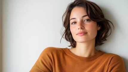 Obraz premium A woman wearing a brown sweater leans comfortably against a bright wall, her relaxed posture and soft smile expressing warmth and quiet confidence.