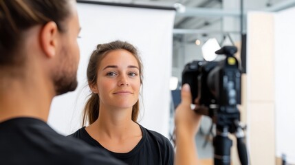 A confident woman stands facing the camera while a photographer adjusts settings in a well-lit indoor studio environment for a professional photoshoot.
