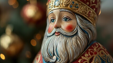 Exquisitely carved wooden st. nicholas figurine decorated with rich colors and intricate details in festive holiday background, happy st. nicholas day, ai