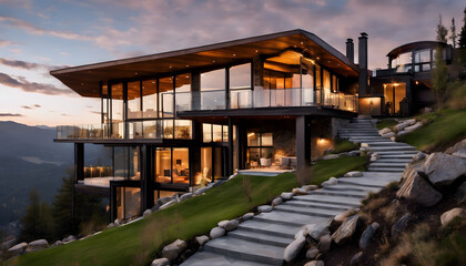 Fototapeta premium Luxury Mountain House with Warm Modern Design