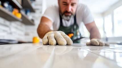 A focused craftsman in work gloves examines the smoothness and alignment of newly installed tiles on a kitchen counter, ensuring precision and high quality.