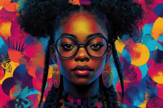 powerful illustration celebrating black excellence stylized portraits vibrant afrocentric patterns bold colors raised fists empowering symbolism