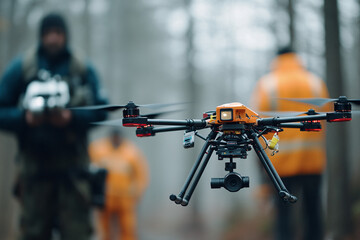 A close-up of a drone hovering in a forest, with operators blurred in the background during a search mission
