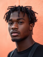 Obraz premium Close-up portrait of a young Black man with short dreadlocks against an orange wall