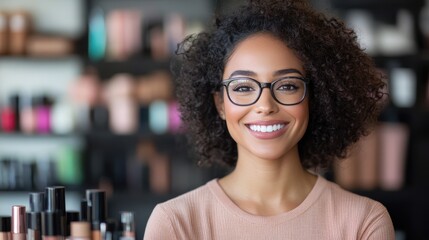 Confident woman with curly hair and glasses, smiling brightly, stands in a vibrant makeup store, representing beauty and empowerment.